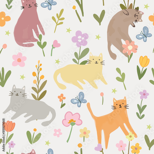 Funny meow cats having fun in flower garden seamless background