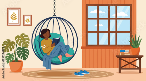 Young woman relaxing reading book in hanging chair at home interior flat vector illustration