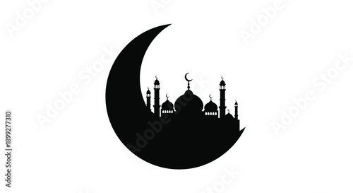 Ramadan crescent moon and mosque skyline in black silhouette