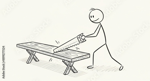 Stick figure man sawing a wooden bench with a hand saw.