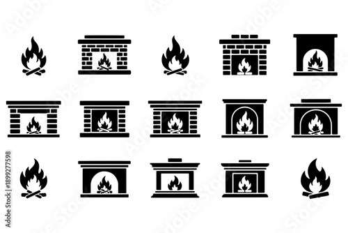 Cozy Fireplace Fire Silhouette Vector Icon Set for Home Interior