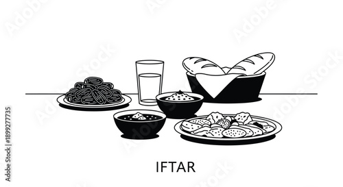 Iftar meal with dates bread and water in black silhouette