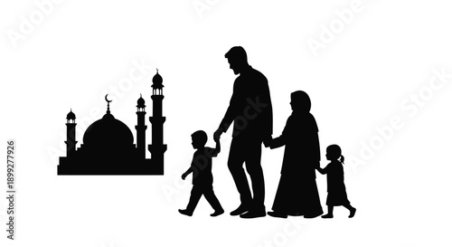 Muslim family walking towards a mosque a striking black silhouette