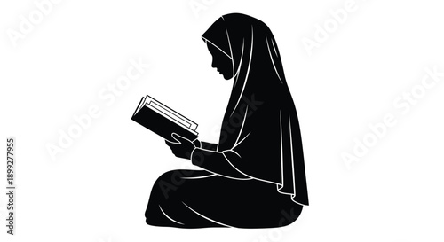 A woman in hijab reads a book in a striking silhouette