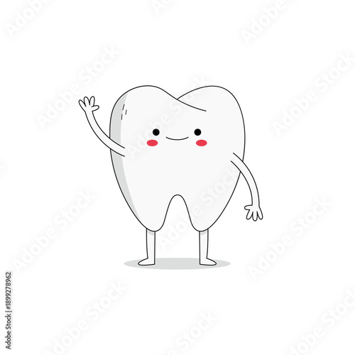 Cute tooth cartoon character waving hand hi doodle