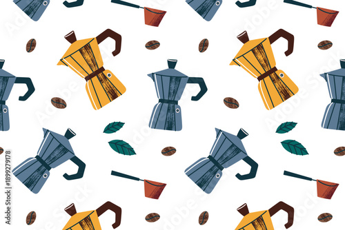 Coffee pattern with moka pots, coffee beans, leaves and spoons, cozy ritual and cafe culture. Flat cartoon vector illustration with warm tones, decorative seamless background for packaging, prints