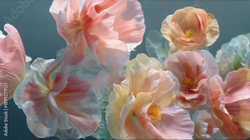 Colorful flowers float softly in the air with pastel petals and yellow centers under gentle light during a calm moment in spring