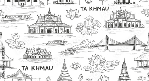 Scenic Illustrations of Ta Khmau Temples, Boats, and Nature in Cambodia