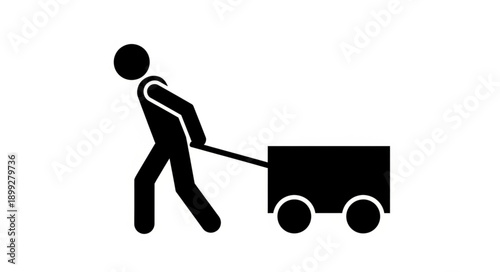 Stick figure pulling a cart on a white background.