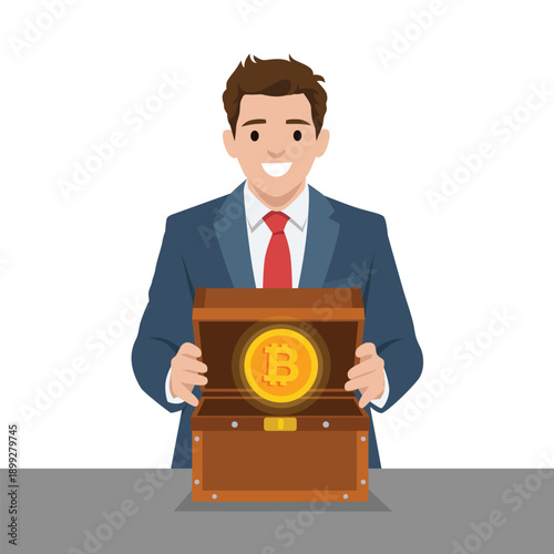 Businessman Holding Bitcoin Treasure Chest. Flat vector illustration isolated on white background