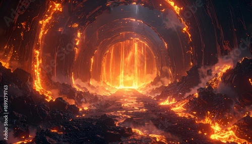 Fiery tunnel to a blinding light, landscape with lava flows