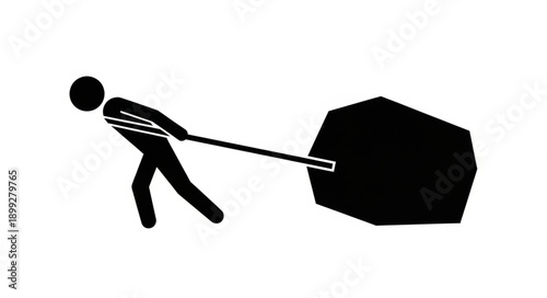 Stick figure pulling a large boulder with a rope.