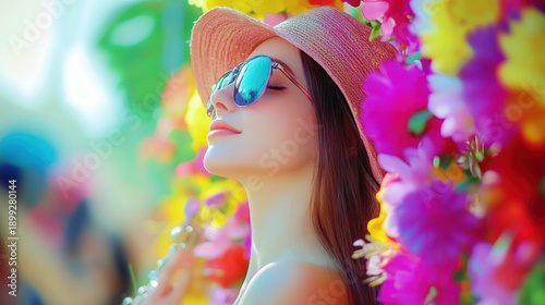 Relaxed woman in a straw hat and sunglasses surrounded by vibrant flowers.
