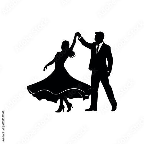 A beautiful silhouette of a man and woman dancing together in a elegant pose, conveying a sense of joy, love, and harmony. The couple is dressed in formal attire