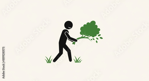 Stick Figure Person Chopping Tree Branches.