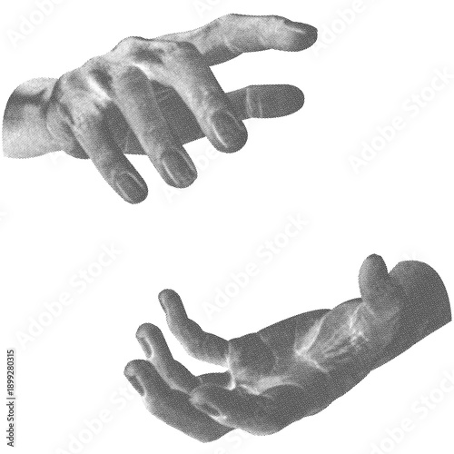 Inverted Halftone hands illustration. Halftone hands show a gesture . Stylish halftone collage design elements. Hand gestures in pop art style. Transparent background	
