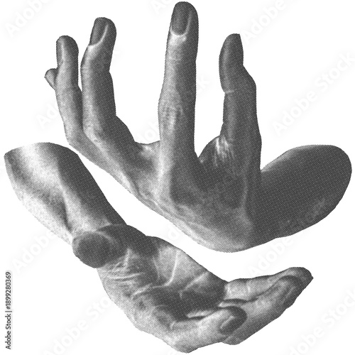 Inverted Halftone hands illustration. Halftone hands show a gesture . Stylish halftone collage design elements. Hand gestures in pop art style. Transparent background	
