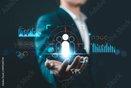 Canvas-taulu Business professional presenting digital human resources analytics with virtual interface, people management concept, customer targeting, HR technology, data driven strategy and corporate innovation