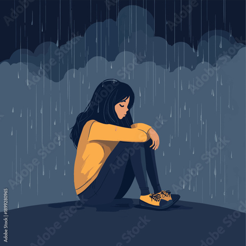 Depressed young woman sitting under rainy cloud. Concept of stress, depression, bad mood, sadness, unhappy, mental illness, psychology , vector style simple color