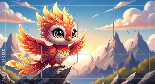 Adorable Cartoon Phoenix Bird with Fiery Feathers on Mountain Peak Jigsaw Puzzle