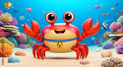 Adorable Smiling Cartoon Crab Underwater Amidst Vibrant Coral Reefs