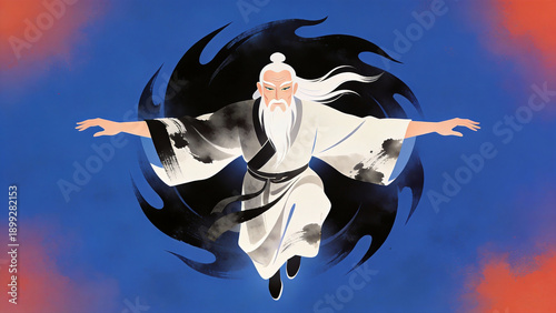 White-Haired Immortal Flying with Wind, Ink Wash Style Illustration