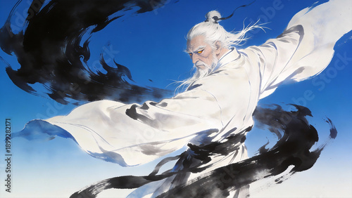 White-Haired Immortal Riding the Wind in Ink Wash Style