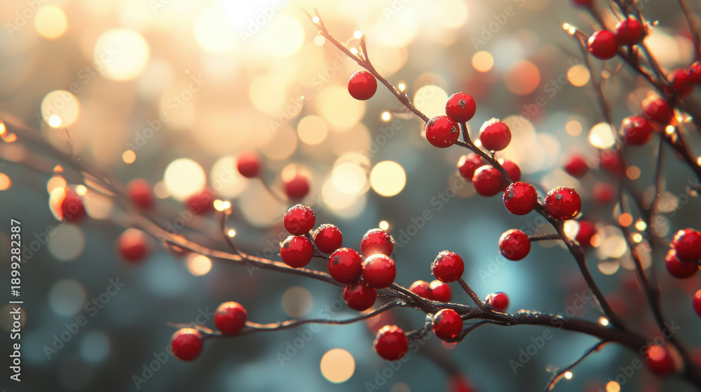 Obraz premium Red berry branch bokeh winter berry closeup sunlight flare background festive nature scene dewy twig sparkle holiday season mood warm golden light shallow focus branch macro red fruit frosty