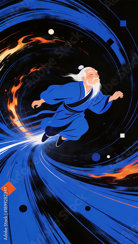 White-Haired Immortal Flying Through Starfire Vortex