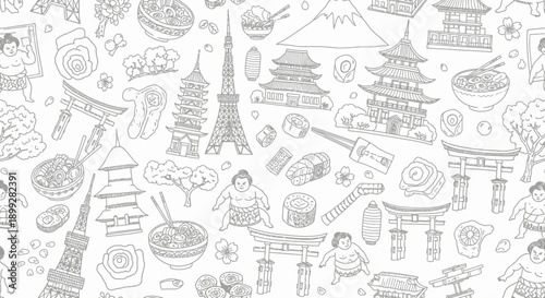 Cultural Icons, Japanese Cuisine, Architectural Landmarks, Illustration, Pattern