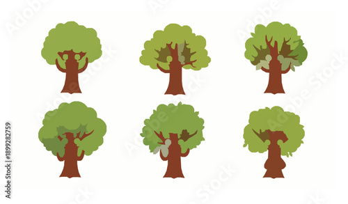 Cute seasonal tree characters with expressive faces vector illustration set
