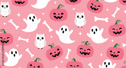 Pink halloween pattern features cute ghosts, white owls, grinning pumpkins, and small bones with sparkling stars on the background.