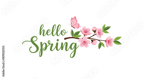 Elegant hello spring greeting features a delicate pink cherry blossom branch with a small butterfly and stylized green lettering.