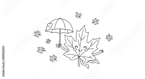 Cute maple leaf character holds a small umbrella while floating among other falling autumn leaves in this black and white line art.