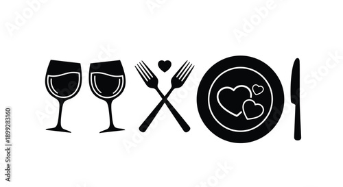 Cutlery and wine glasses depicting a romantic dinner silhouette
