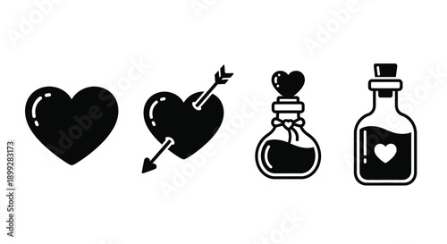 Love potion symbols hearts arrow and bottle black silhouette