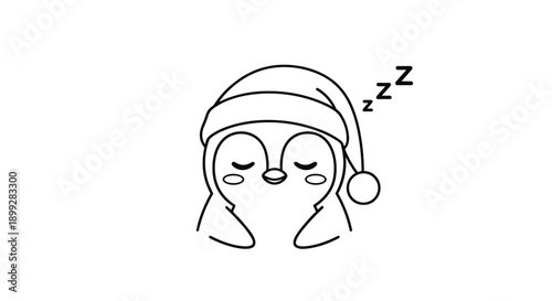 Adorable line art of a small penguin wearing a Santa hat and sleeping soundly with tiny Z marks on a white background.