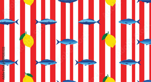 Nautical pattern showing dark blue fish and bright yellow lemons arranged on a background of vertical red and white stripes.