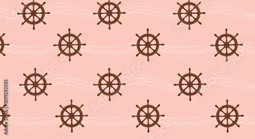 Nautical pattern featuring brown wooden ship steering wheels on a soft coral pink background with white wavy lines.