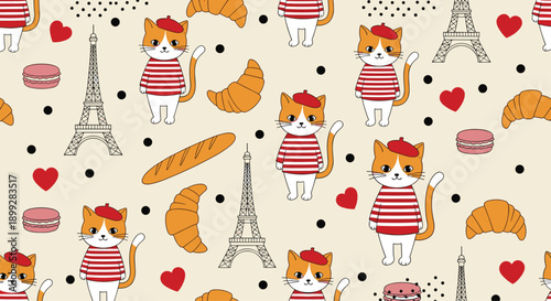 Paris themed pattern with cats in berets and striped shirts, Eiffel Tower, croissants, baguettes, macarons, and hearts.