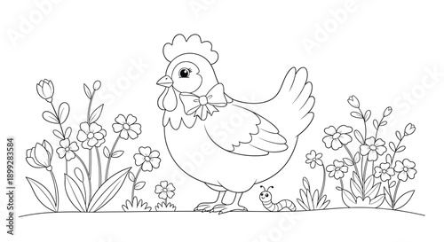 Coloring book page featuring a cute chicken with a bow standing in a flower garden with a little worm crawling by.
