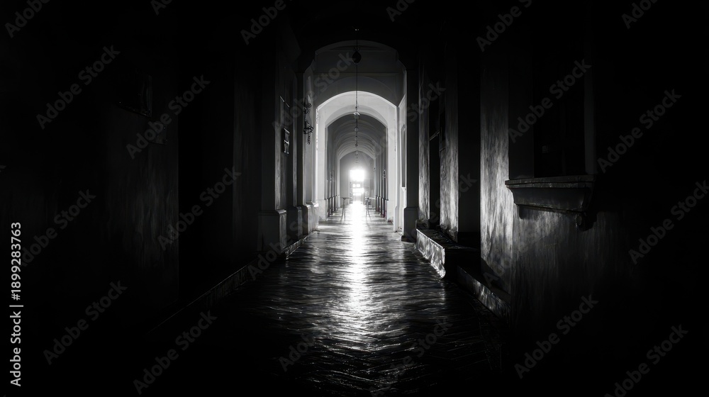 Obraz premium Elegant photo of Dramatic black and white photograph of a long, dark arched hallway with light at the end and reflective wet floor .