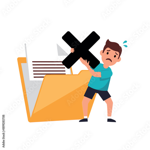 Man struggling to remove large X symbol from file folder.