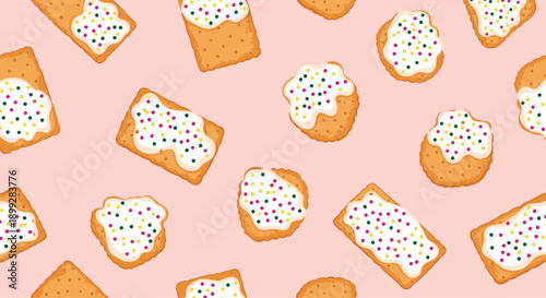 Sweet pattern featuring rectangular and round frosted pastries topped with white icing and colorful round sprinkles on pink.