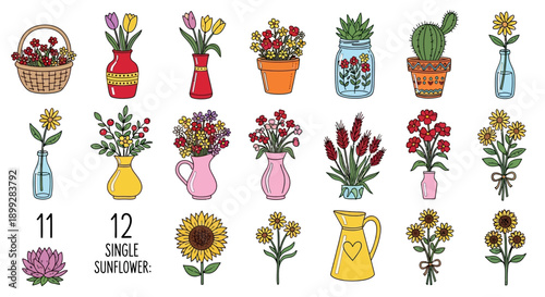 Vibrant flowers and cacti illustrations in colorful vases and pots on a table