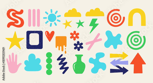 A vibrant collection of various colorful shapes and symbols arranged on a cream background for jhgfds 23 ai reference.