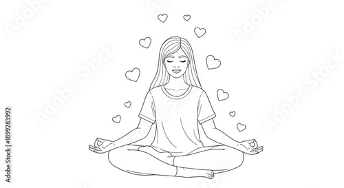 Peaceful line art of a young woman meditates in the lotus position surrounded by floating hearts on a white background.