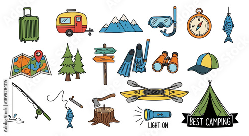 People enjoy outdoor camping with various gear in a scenic landscape