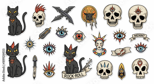 Punk Rock and Occult Themed Stickers with Black Cats and Skulls