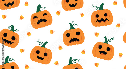 Playful halloween pattern featuring orange jack o lanterns with different expressions and candy corn on white background.
